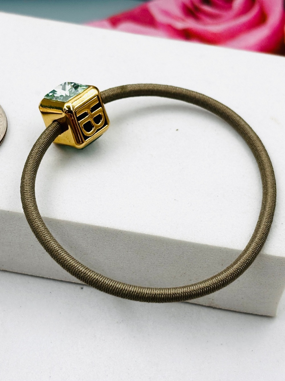 Henri Bendel  Green Crystal Logo Hair Tie Pony-tail Holder
